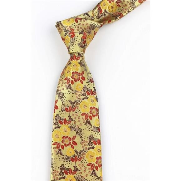 Men's Tie Cravat Jacquard Luxury Small Floral Pattern Wedding Yellow And Brown - Picture 3 of 5